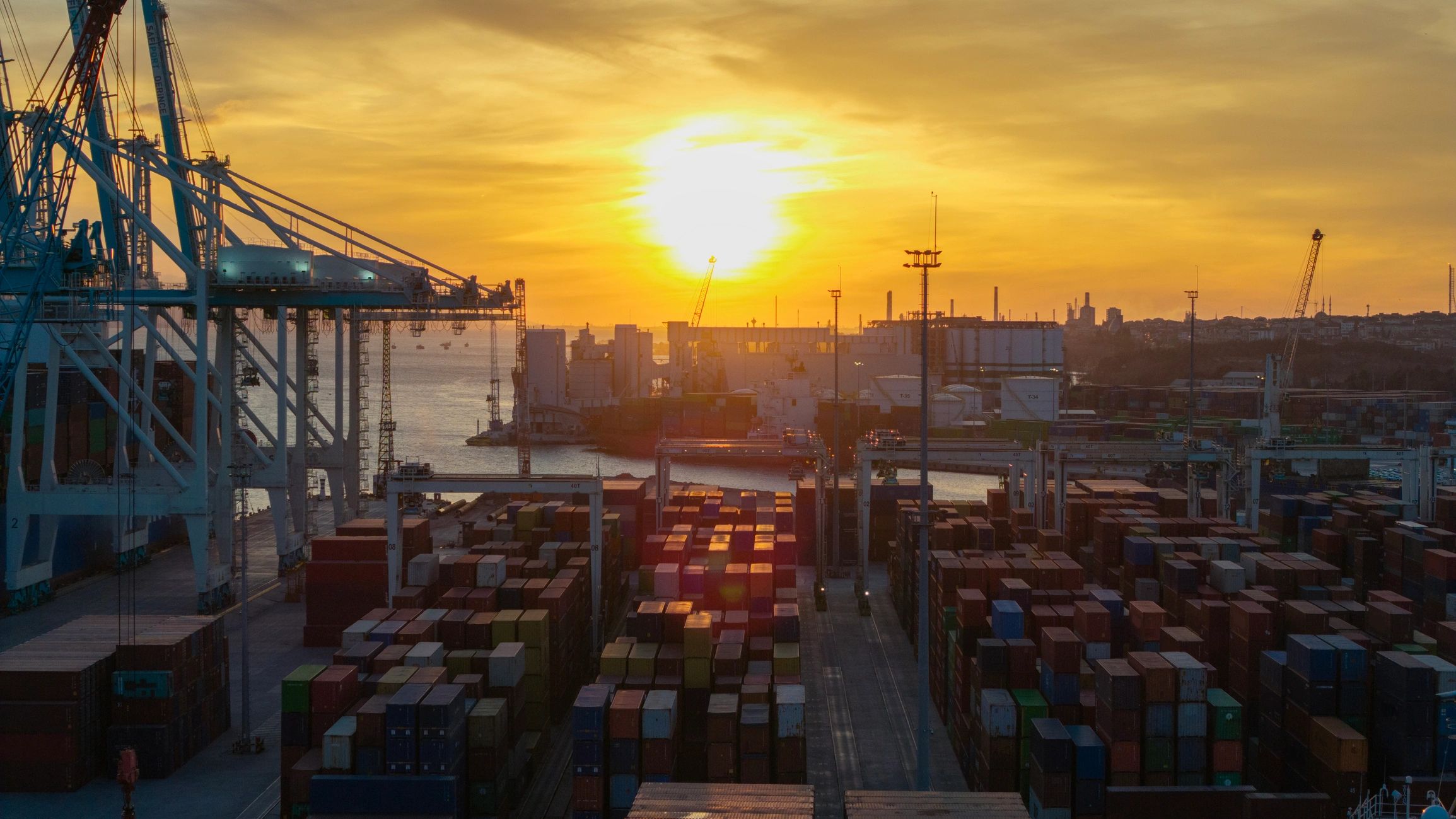 Aerial view of a container port supporting global trade and logistics