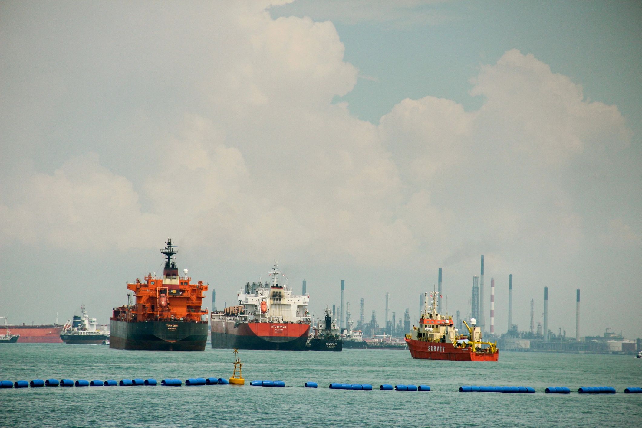 Large cargo ships near an industrial port representing international import and export logistics